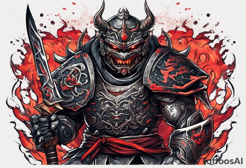 Angry robot demon ninja with demon mask with huge sword fighting in war tattoo idea