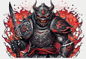 Angry robot demon ninja with demon mask with huge sword fighting in war tattoo idea