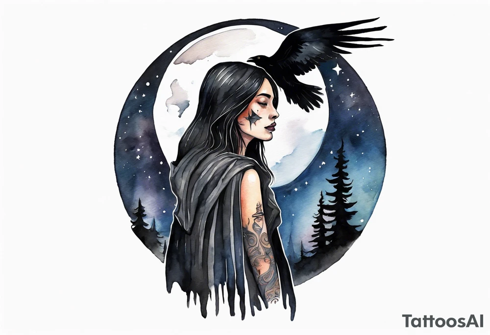 a Dakota woman wearing a black cloak, standing before the night sky with a crescent moon, a raven on her shoulder tattoo idea