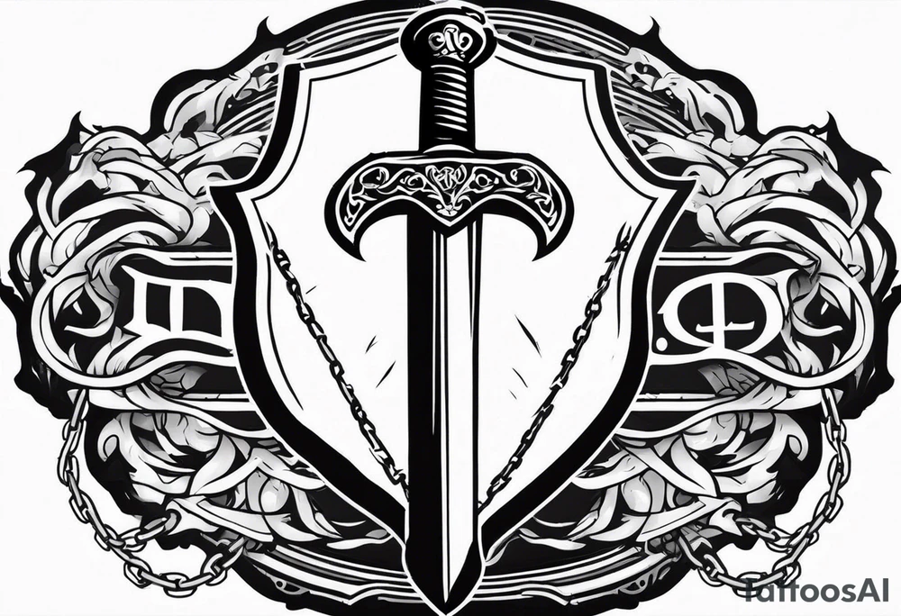 Valhalla sword shield axe barbed wire chains dark cloud tattoo idea
