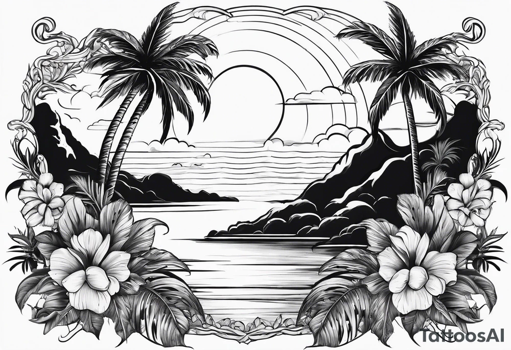 Ocean palm trees flowers tattoo idea