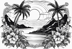 Ocean palm trees flowers tattoo idea
