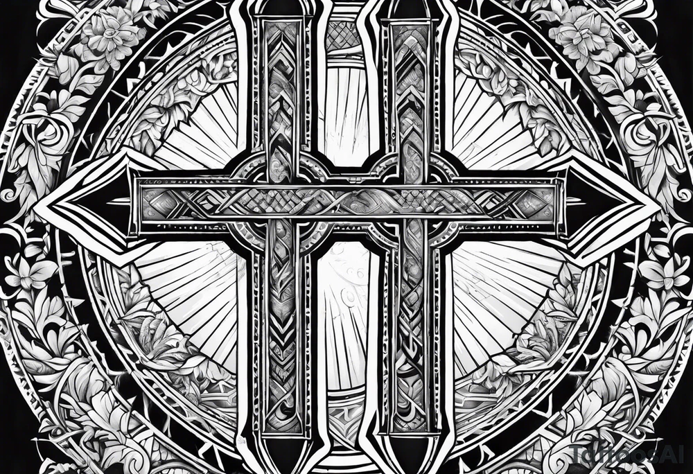 Big Jesus cross down the back with samoan patterns tattoo idea