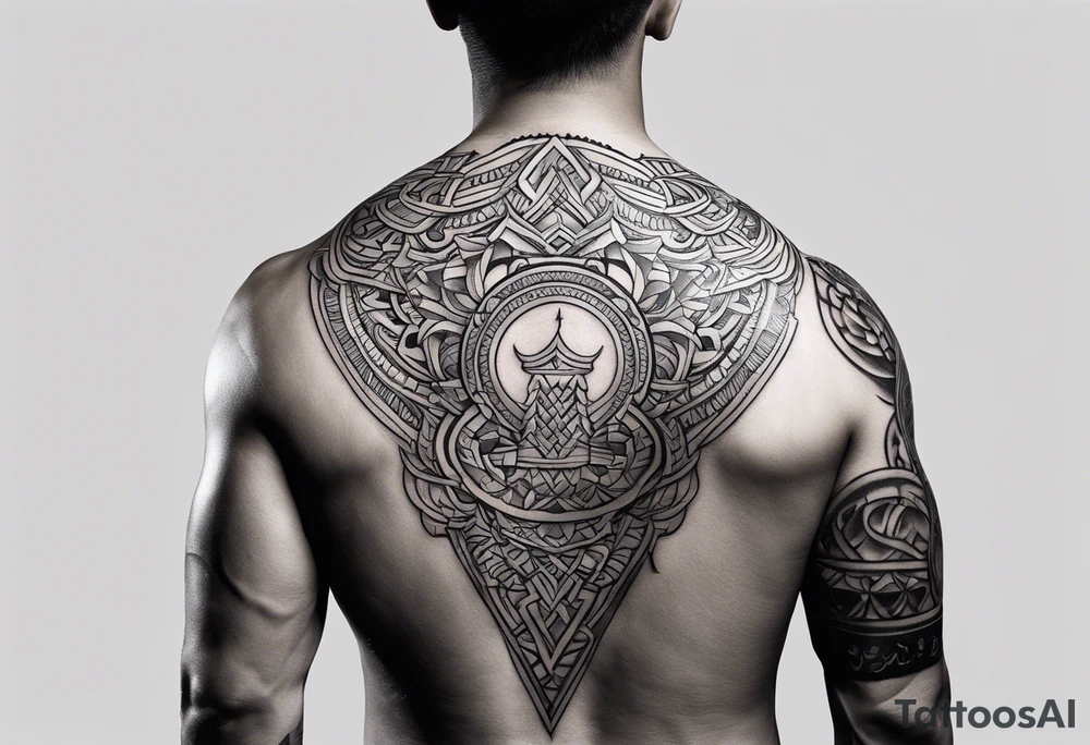 A simple tattoo that is placed on the upper back of a male. It should represent muay thai tattoo idea