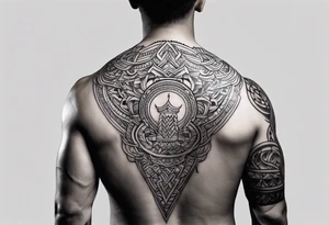 A simple tattoo that is placed on the upper back of a male. It should represent muay thai tattoo idea