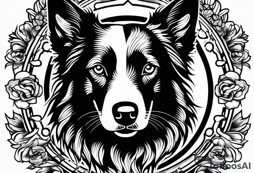 Tattoo of a border collie Muay Thai symbol in the back ground tattoo idea