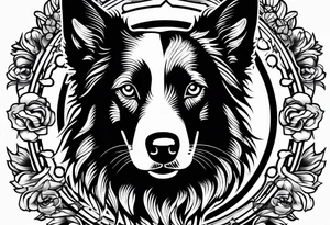 Tattoo of a border collie Muay Thai symbol in the back ground tattoo idea
