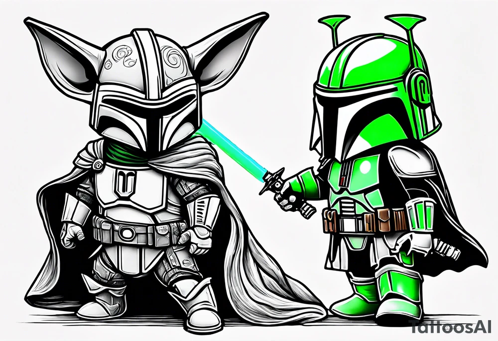 Baby grogu wearing mandalorian armor fighting Darth vader while wielding a green lightsaber tattoo idea