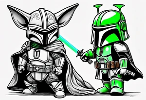 Baby grogu wearing mandalorian armor fighting Darth vader while wielding a green lightsaber tattoo idea