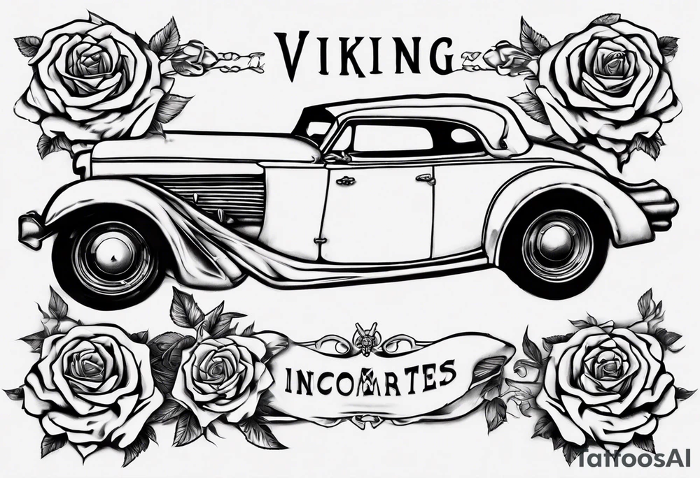 I want a tattoo of an old classic car and a skeleton with roses in the back with the name “Viking Customs” incorporated in the design tattoo idea