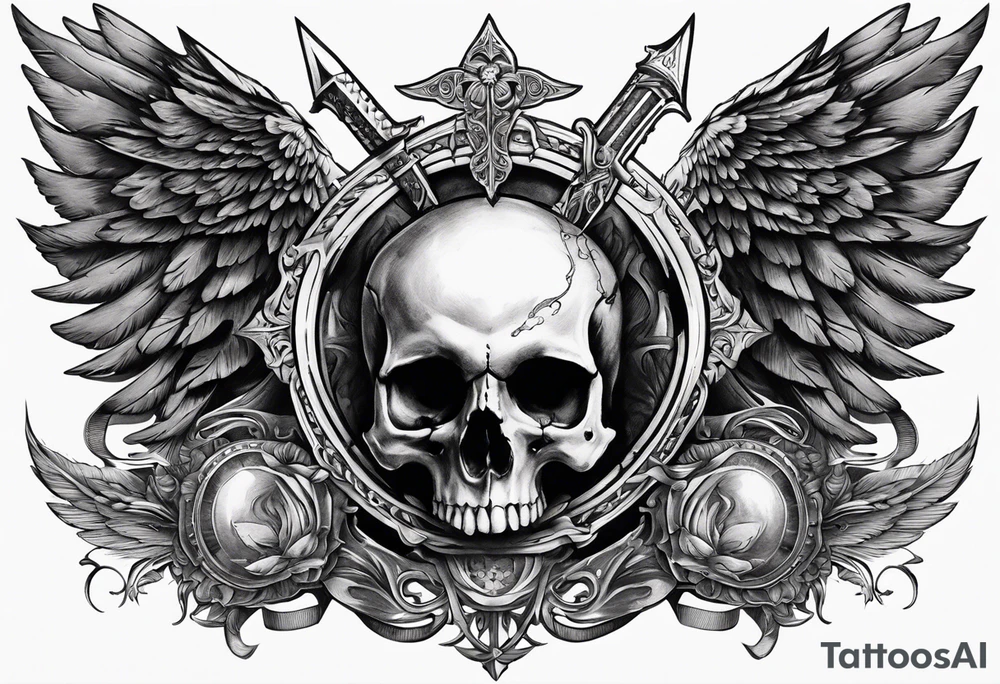 In the center is a half skull pierced by a large sword. On either side of the skull, there are spread angel wings, Beneath the skull is a ribbon tattoo idea