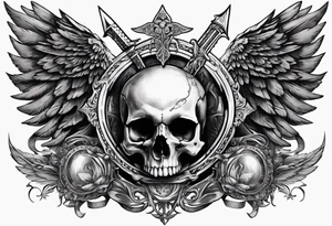 In the center is a half skull pierced by a large sword. On either side of the skull, there are spread angel wings, Beneath the skull is a ribbon tattoo idea