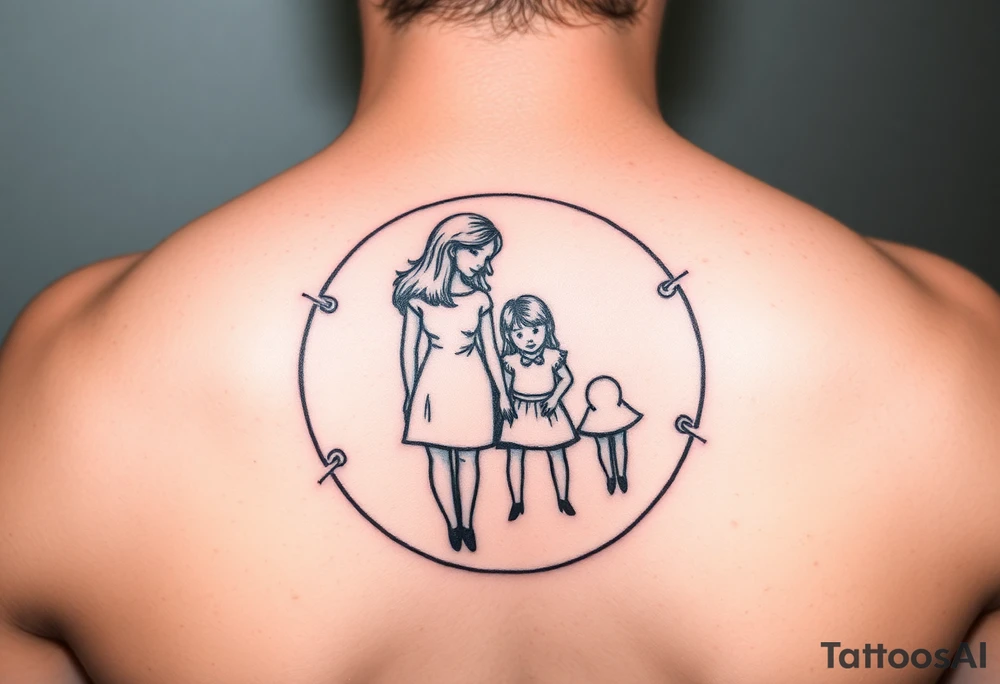 Stylised family symbolising two parents and two children touching their heads in a circle, closing off the rest of the world. tattoo idea