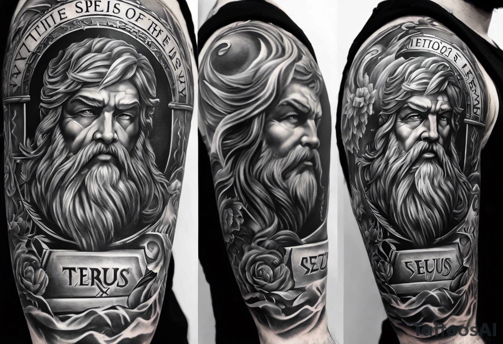 Half sleeve on the right arm with zeus and some text that goes along with it and you can add some Sparta maybe or some building temple of zeus tattoo idea