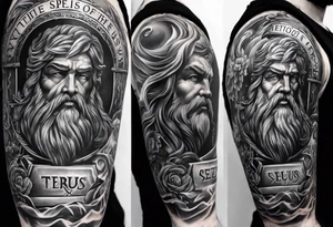 Half sleeve on the right arm with zeus and some text that goes along with it and you can add some Sparta maybe or some building temple of zeus tattoo idea