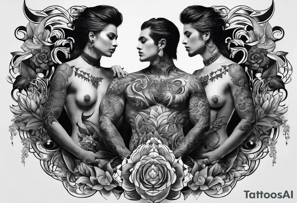Men's chest tatto with two female psychedelic entities facing each other, meaning that only  their sides are visible. They are holding something which is positioned in the middle of the chest tattoo idea