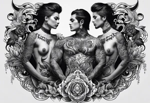 Men's chest tatto with two female psychedelic entities facing each other, meaning that only  their sides are visible. They are holding something which is positioned in the middle of the chest tattoo idea