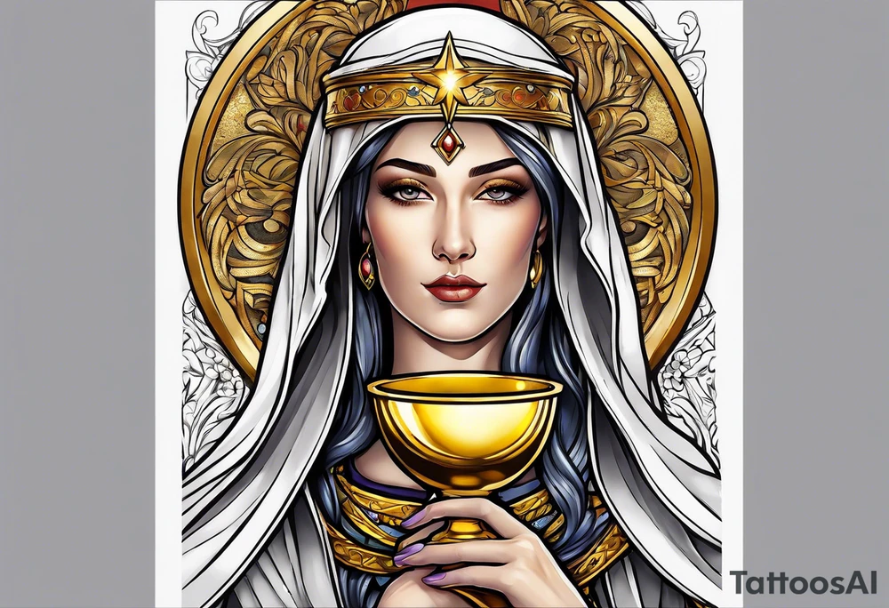 holy saint woman turned away with golden halo holding a chalice tattoo idea