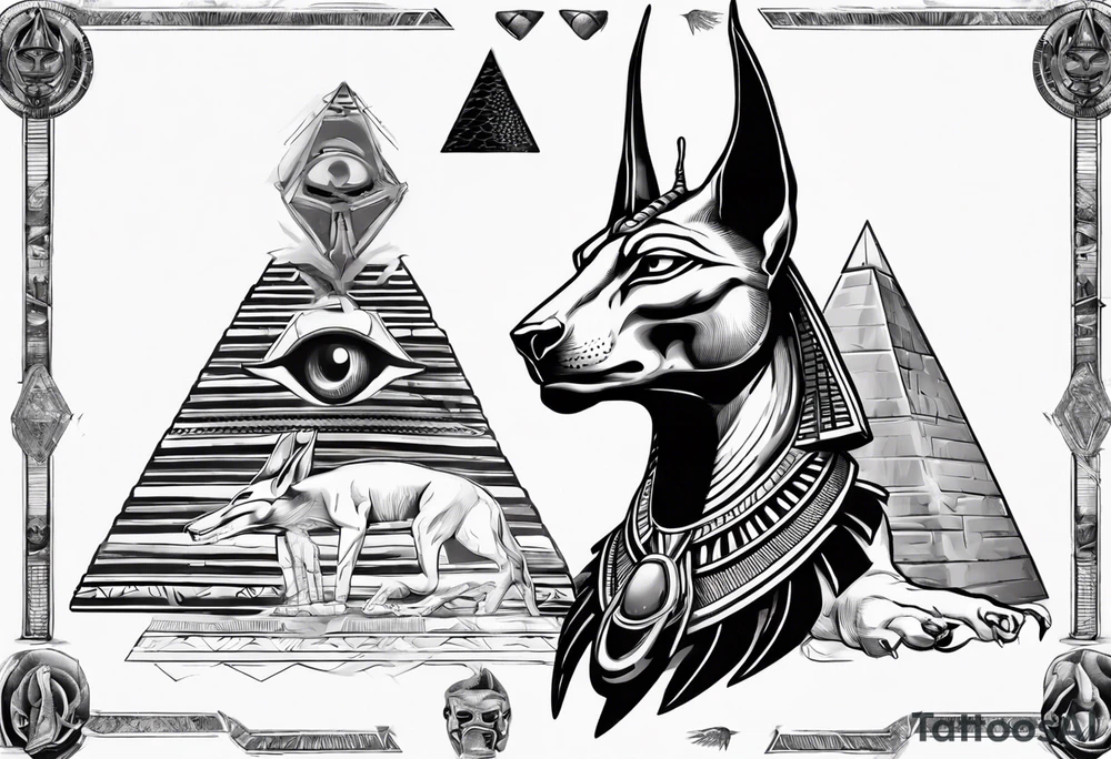 Egyptian god Anubis' head with a cobra snake with pyramids tattoo idea