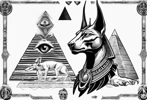 Egyptian god Anubis' head with a cobra snake with pyramids tattoo idea