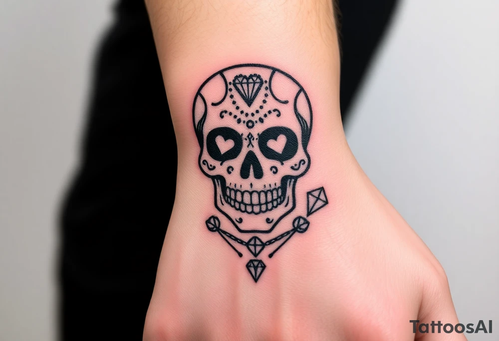 day of the dead skull with hearts and diamonds tattoo idea