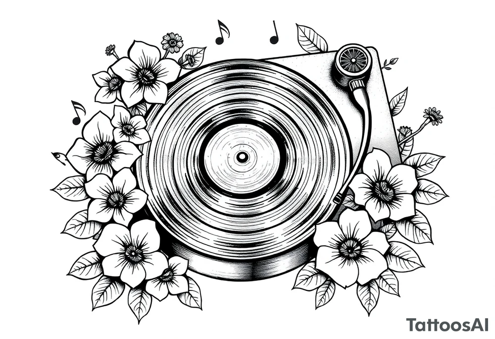 vinyl record player surrounded by flowers, mushrooms, and music notes tattoo idea