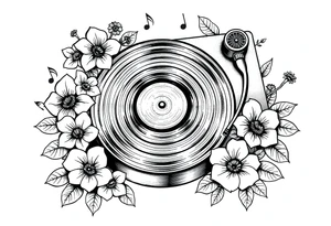 vinyl record player surrounded by flowers, mushrooms, and music notes tattoo idea