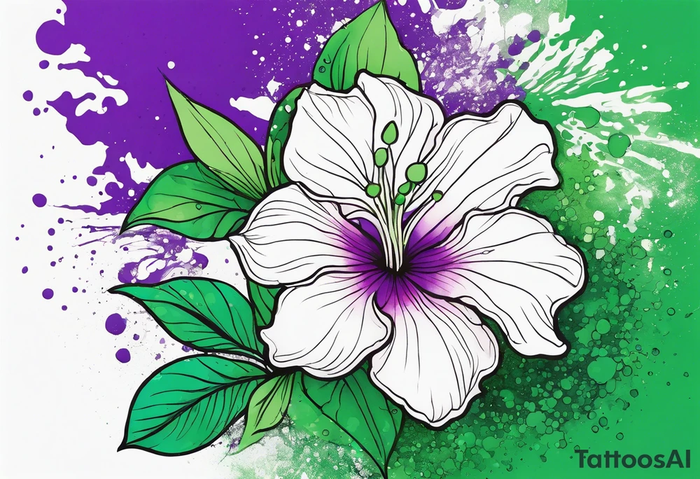 An outline of an only green rio dipladenia flower and a green and purple watercolor splash in the background tattoo idea