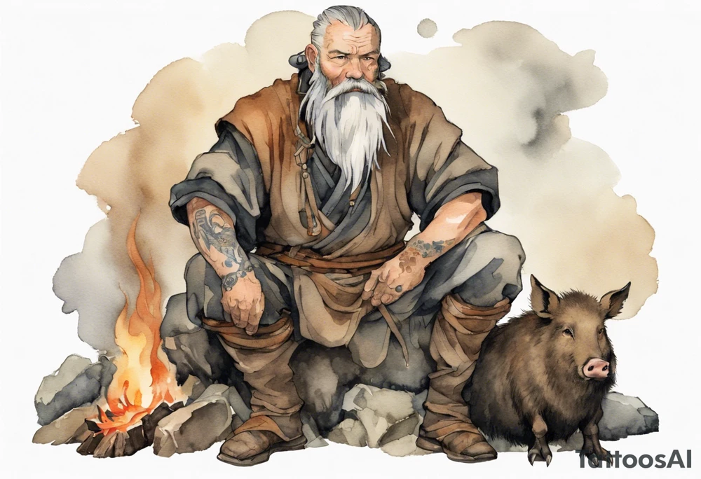 a 55-year-old large Norseman with a grey beard wearing a brown and black tunic sitting by a hearth with his hand on a large boar tattoo idea