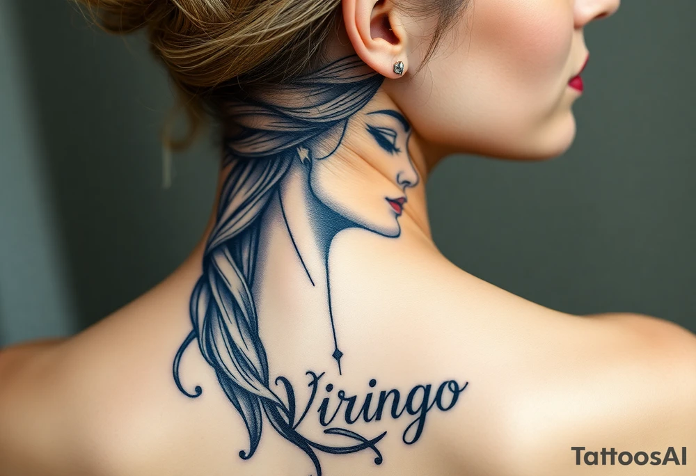A detailed profile of a serene goddess with silver and deep navy shading and the word virgo tattoo idea