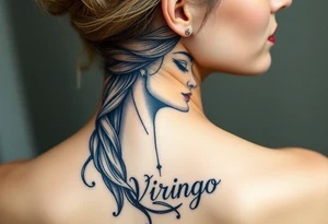 A detailed profile of a serene goddess with silver and deep navy shading and the word virgo tattoo idea