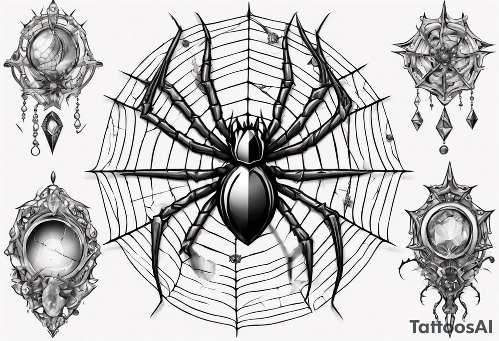 Spider in a spiral spiderweb with jewels and shattered chalices and spiral unicorn horn. tattoo idea