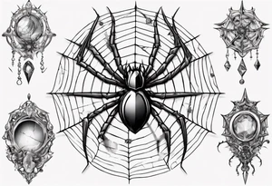 Spider in a spiral spiderweb with jewels and shattered chalices and spiral unicorn horn. tattoo idea