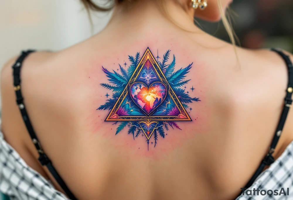 A triangle with a big heart in the center with a world travel theme tattoo idea