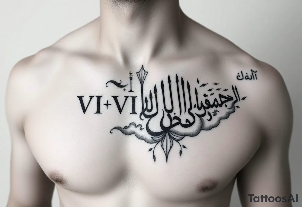 ruman numerals VI•VI•MCMLXXX above the right nipple overlapping from chest to shoulder, shaded up with clouds and somewhere on the same shoulder arabic writing لا تخف من شيء . tatoo should be on chest and not back and it should overlap into shoulder tattoo idea