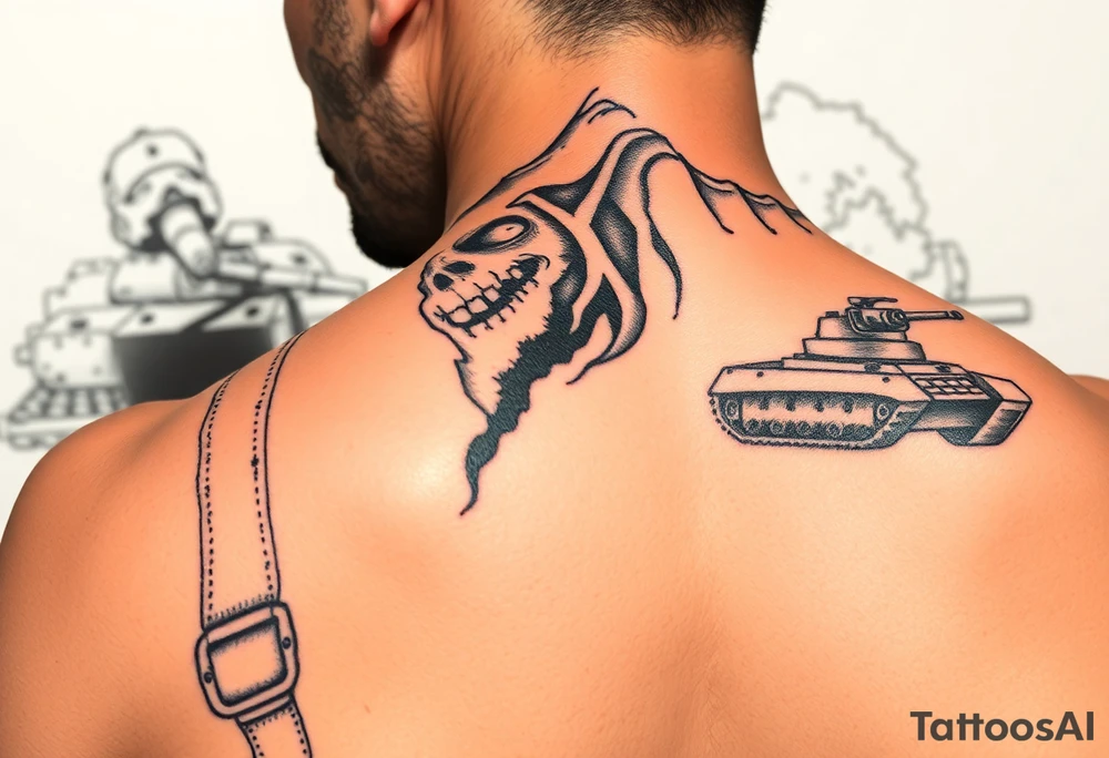 Close-up of a zombie soldier's face, torn uniform, with a tank and explosions in the background. tattoo idea