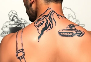 Close-up of a zombie soldier's face, torn uniform, with a tank and explosions in the background. tattoo idea
