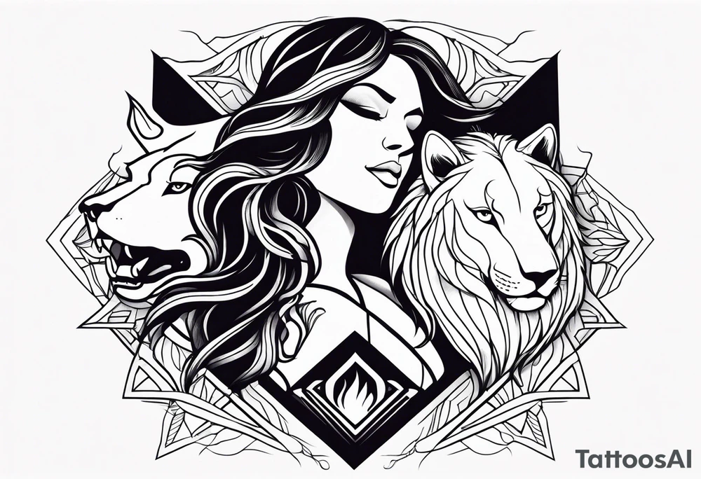 Lion,  wolf, lady and phoenix tattoo idea