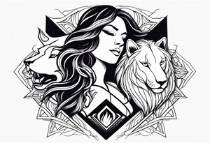 Lion,  wolf, lady and phoenix tattoo idea