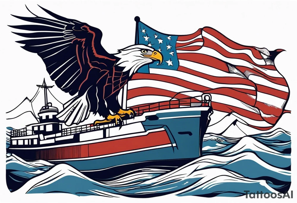 eagle flying in front of ship holding American flag in beak tattoo idea