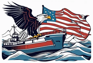 eagle flying in front of ship holding American flag in beak tattoo idea