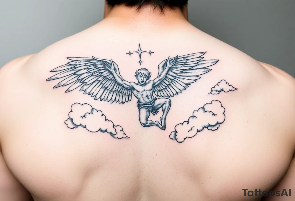 Icarus falling from the sky with clouds around him tattoo idea