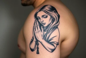 Chicano style woman with praying hands and rosary in hands tattoo idea