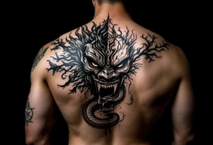 Purépecha style tattoo integrating with oni mask with a snake in its mouth tattoo idea