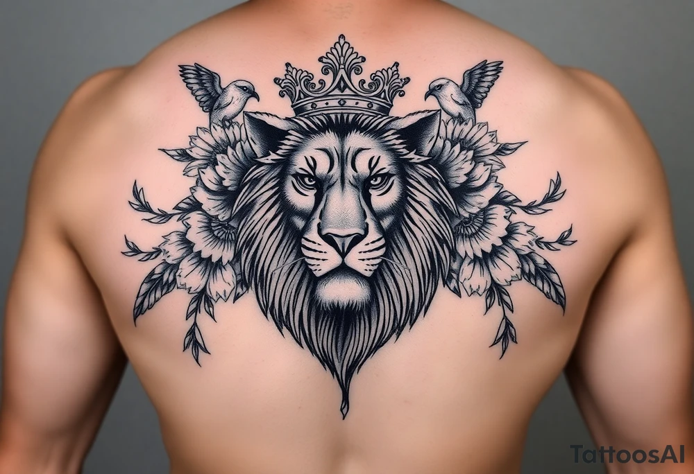 powerful majestic lion with a crown, surrounded by floral ornaments and birds tattoo idea