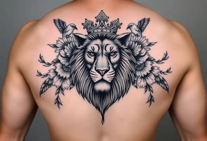 powerful majestic lion with a crown, surrounded by floral ornaments and birds tattoo idea