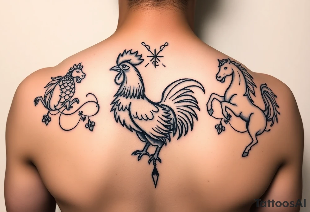 Simple chinese zodiac front facing tattoo with rooster and horse on each side with ornaments tattoo idea