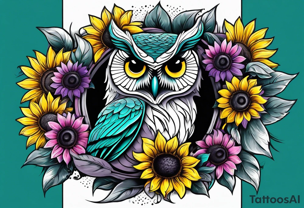 Black and white owl shaded teal, pink and purple surrounded by yellow sunflowers sleeve tattoo idea
