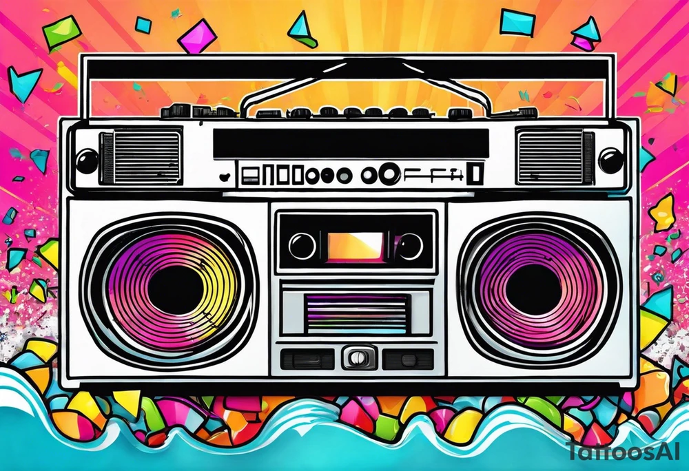 1980's style big boom box mith confetti, and music notes against miami vice style beach background, include sexy party goers tattoo idea