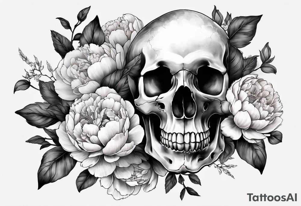Human skull and horse skull with delicate peonies. tattoo idea